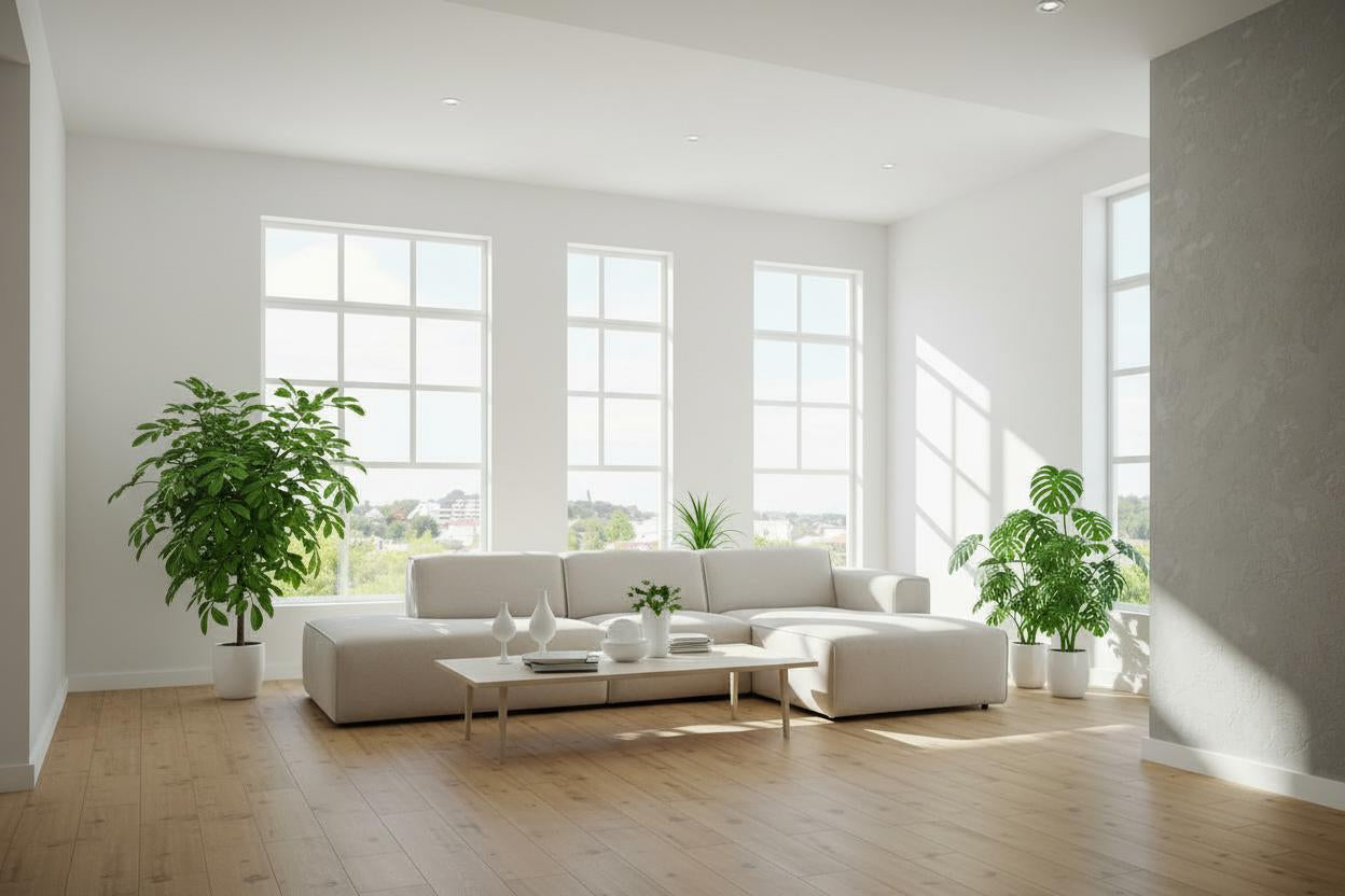 Modern living room with white furniture, large windows, and potted plants.