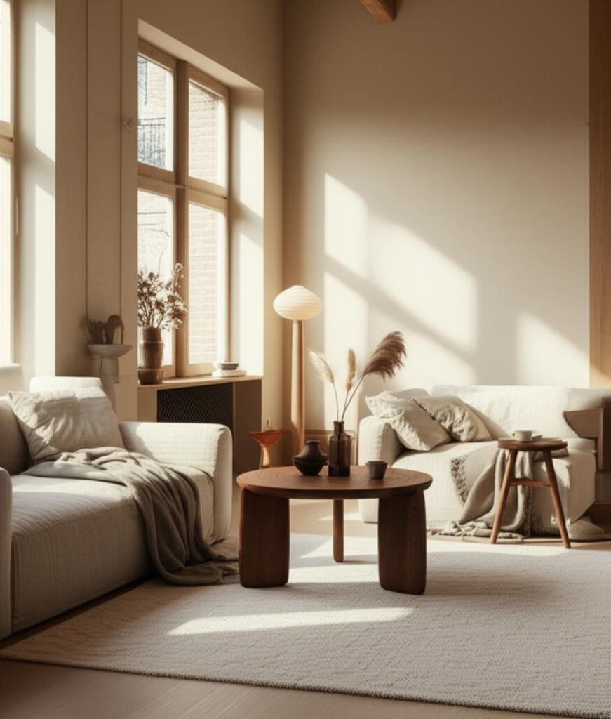 Cozy living room with natural light, neutral colors, and minimal decor.