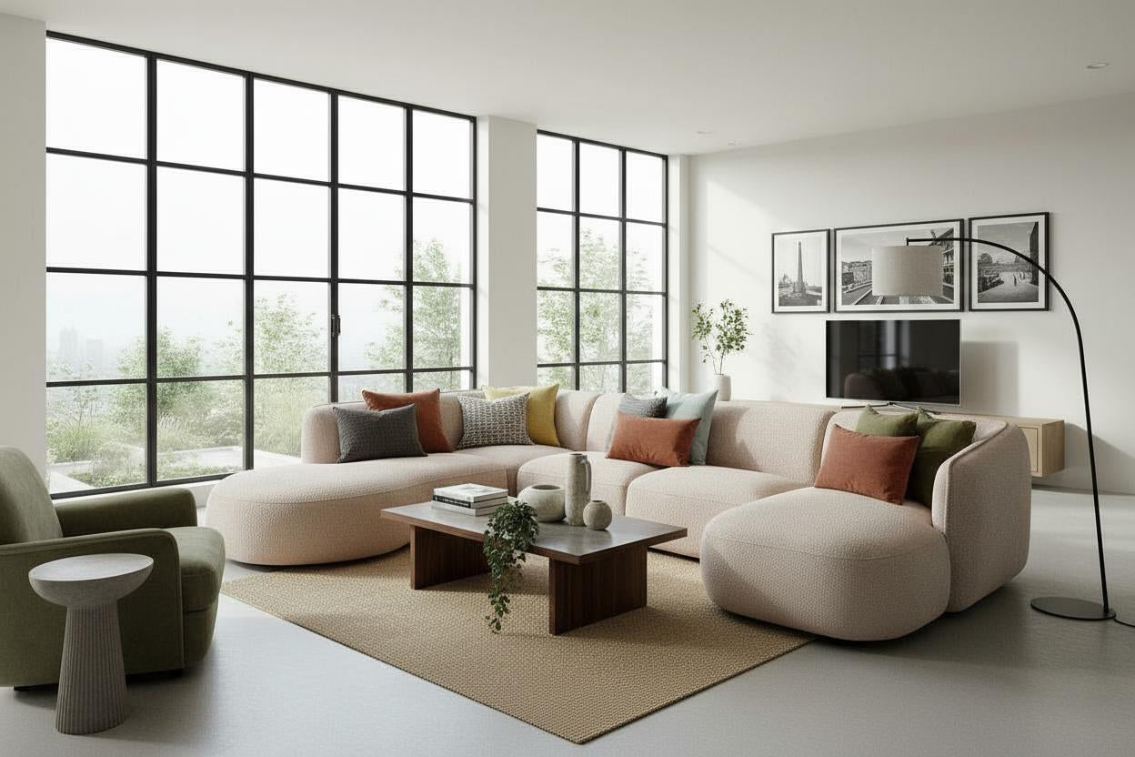 Modern living room with a sectional sofa, coffee table, and large windows.