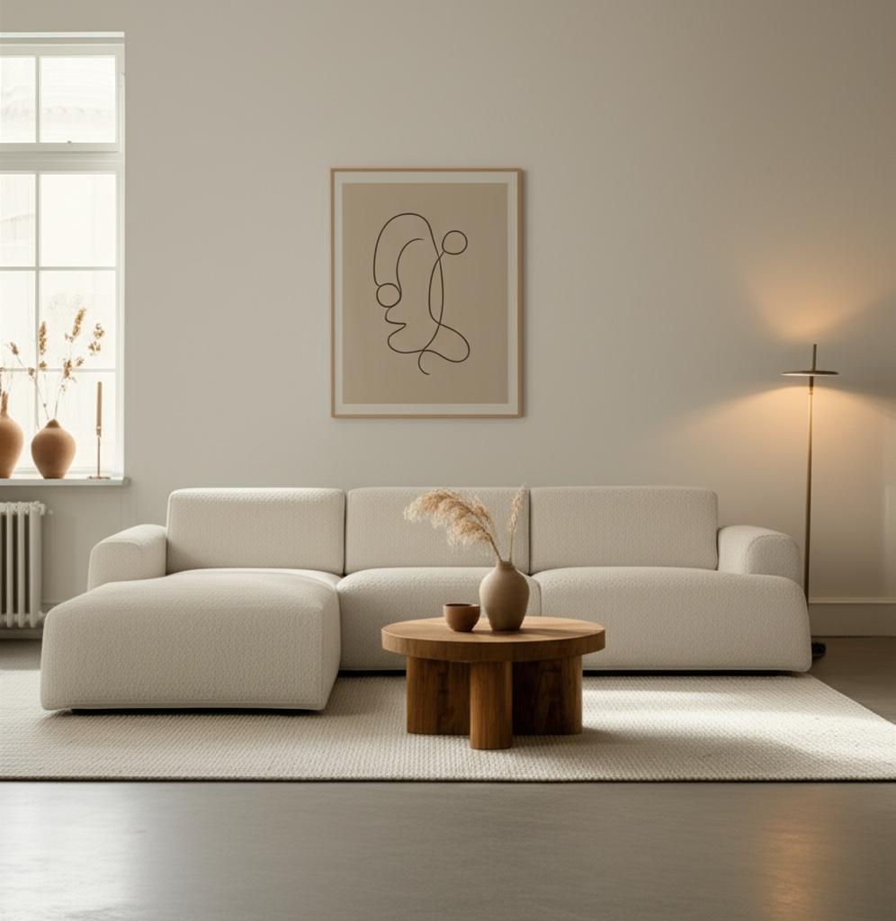 Modern living room with a white sofa, wooden coffee table, and abstract art on the wall.