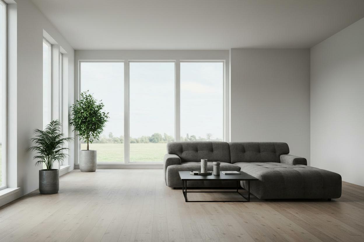 Modern living room with a gray sofa, coffee table, and potted plants.