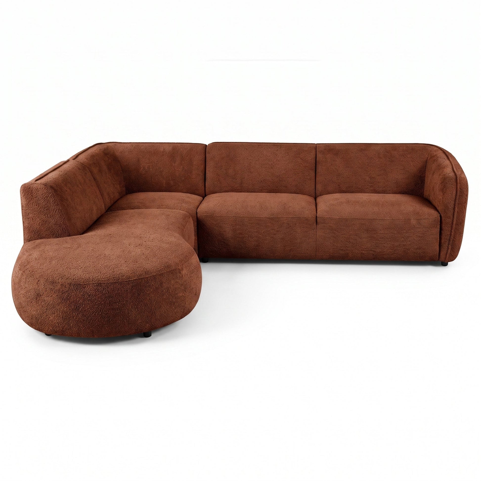 A modern curved sectional sofa upholstered in a textured brown fabric, featuring a three-seat section, a right-side armrest, and a large round ottoman-style chaise, shown on a plain white background.