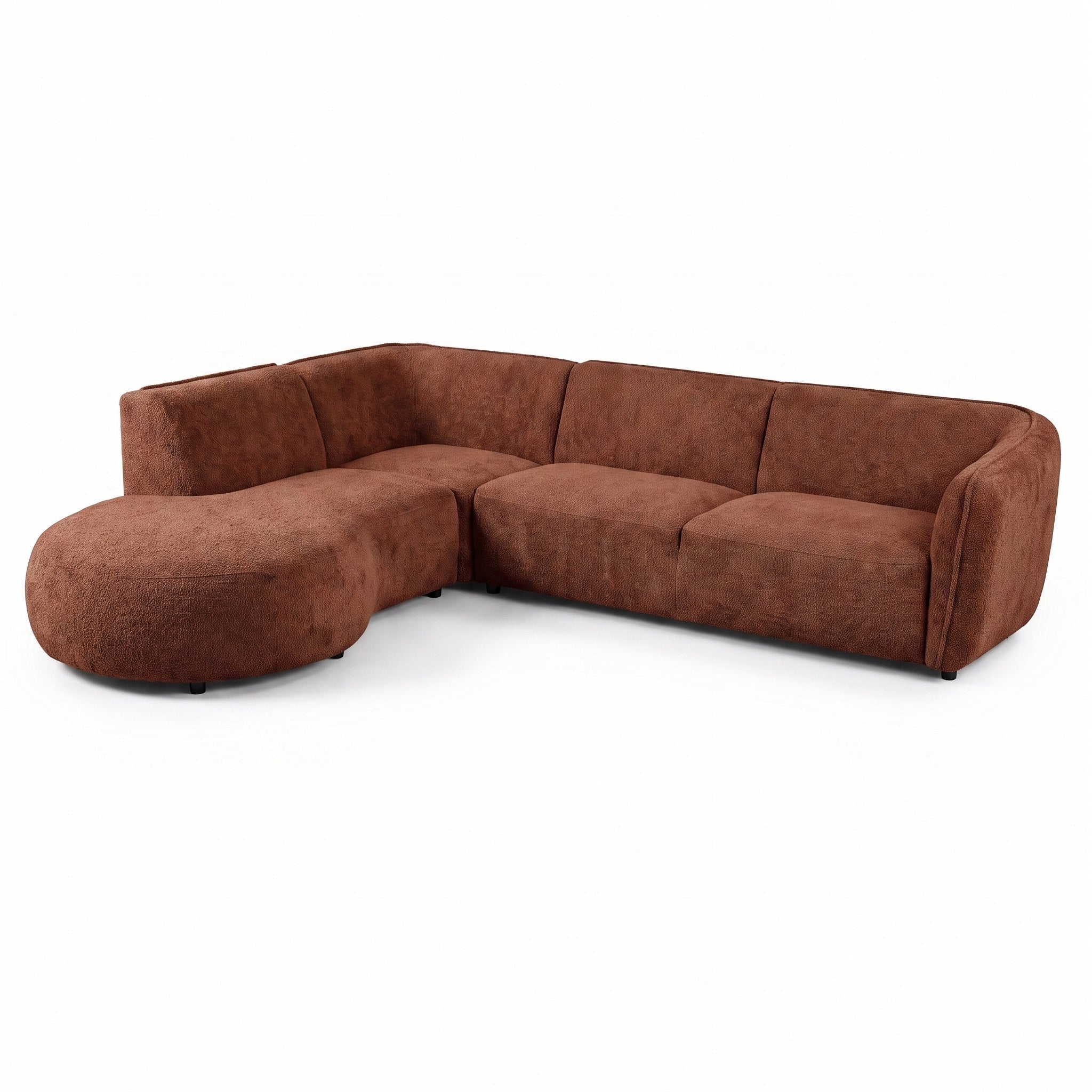 A modern curved sectional sofa upholstered in a textured brown fabric, featuring a left-facing chaise lounge extension, shown against a plain white background.