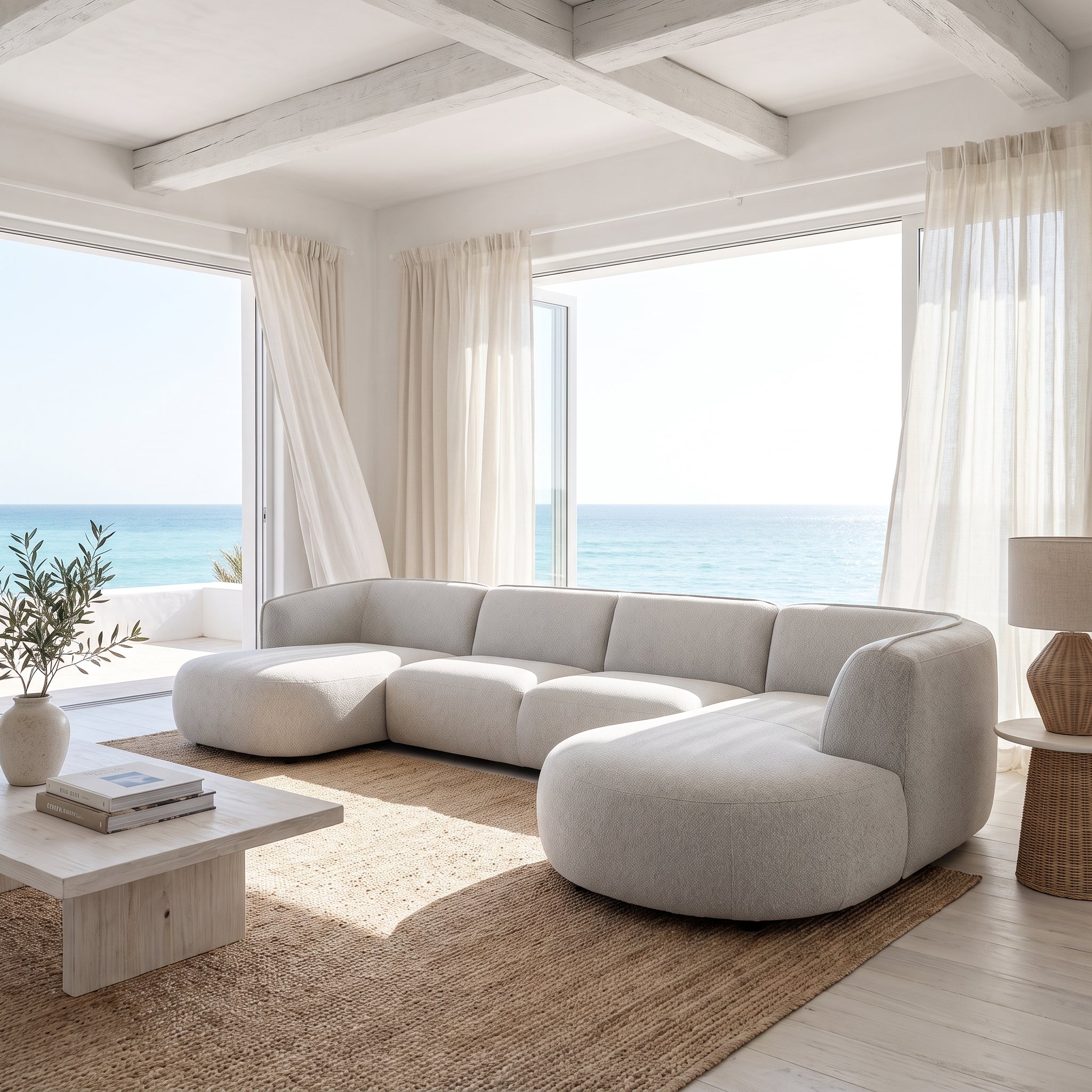 Loures Open-End (139") U-Shape Sofa Light Grey Boucle