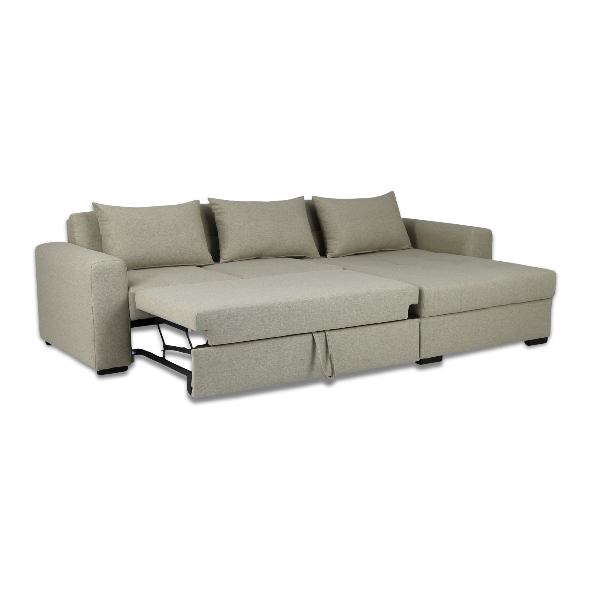 Beige sectional sofa with pull-out bed on a white background