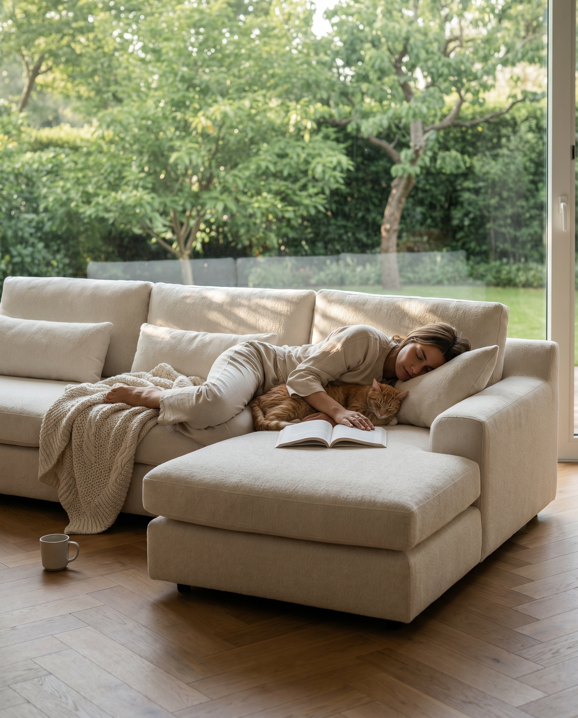 Woman lying on a beige sofa with a cat, reading a book in a bright living room.