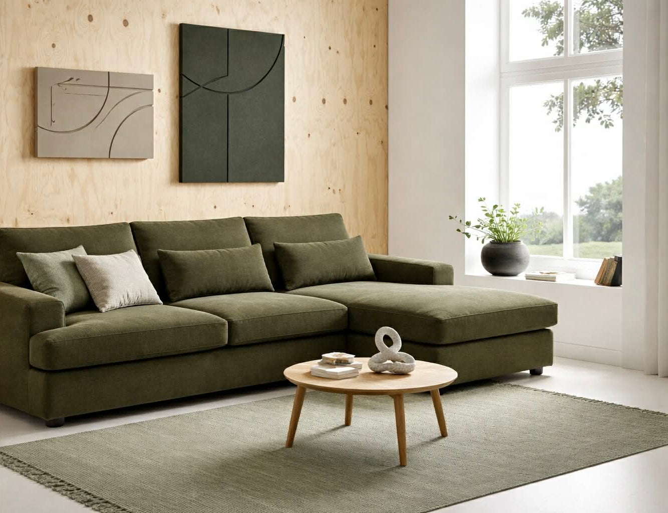 Modern living room with a green sectional sofa, round wooden coffee table, and abstract wall art.