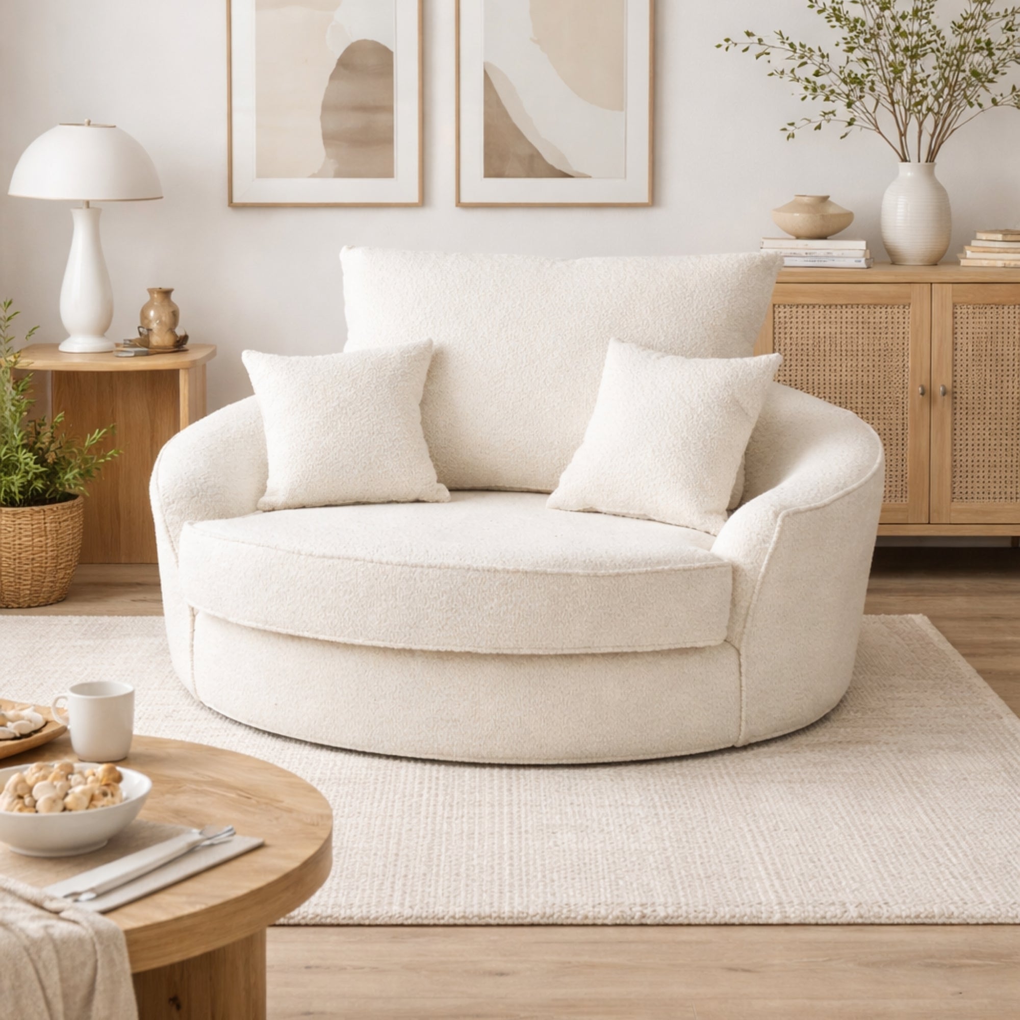 Round Barrel Swivel Slope with Pillows - Ivory 50"